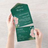Invitation Tout En Un Mariage Floral Vert Émeraude Et Rose Brut (Déchirure)