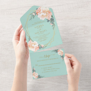 Invitation Tout En Un Mariage floral vert menthe chic rose doré pêche