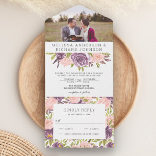 Invitation Tout En Un Mariage floral violet poussiéreux et rose carmin p