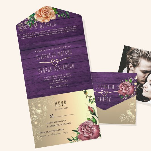 Invitation Tout En Un Mariage floral violet rustique