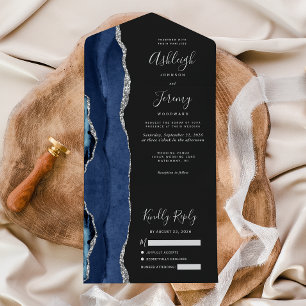 Invitation Tout En Un Mariage foncé de l'agate en argent bleu marine