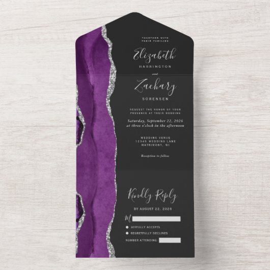 Invitation Tout En Un Mariage foncé moderne violet argenté (À l'intérieur)