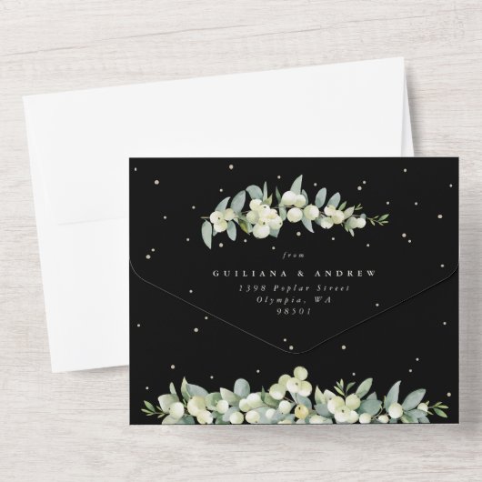 Invitation Tout En Un Mariage Formel Black/Crème Snowberry+Eucalyptus (Verso)