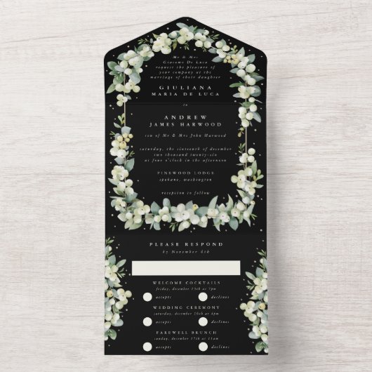 Invitation Tout En Un Mariage Formel Black Snowberry+Eucalyptus (À l'intérieur)