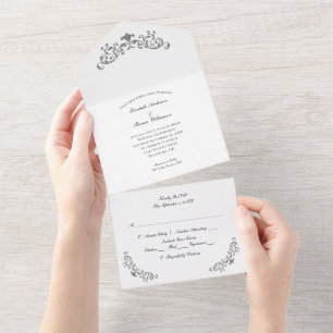 Invitation Tout En Un Mariage Formel Orné de Fleurissement Argent Noir B
