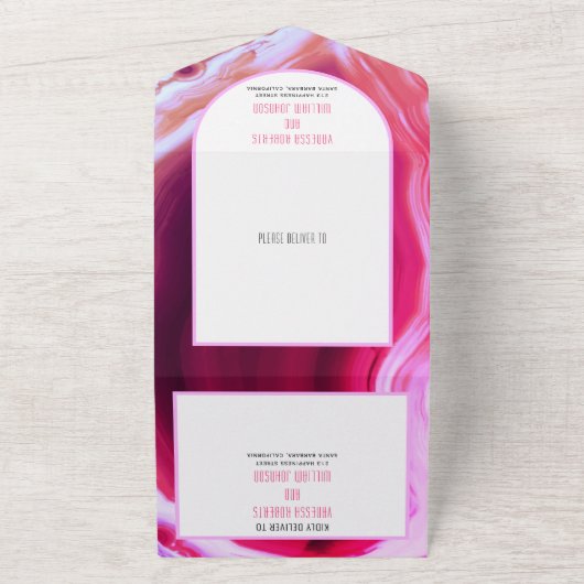 Invitation Tout En Un Mariage Fuchsia rose agate et cadre (Dehors)