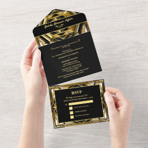 Invitation Tout En Un Mariage Gatsby Art Déco noir et or moderne des ann