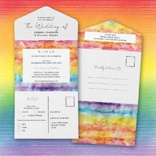 Invitation Tout En Un Mariage Gay Arc-en-Ciel Dégradé Aquarelle Lumineux