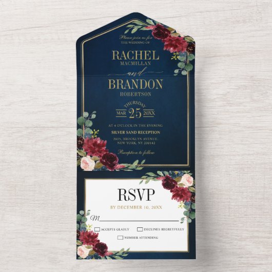 Invitation Tout En Un Mariage géométrique bleu bleu marine Bourgogne or (À l'intérieur)