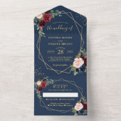 Invitation Tout En Un Mariage géométrique bleu or de la marine russe (À l'intérieur)