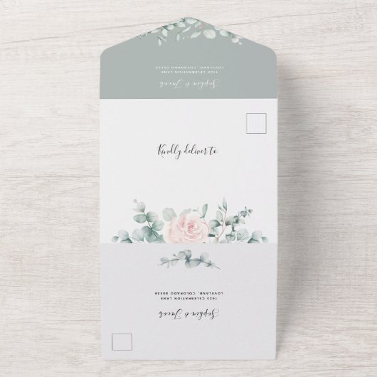 Invitation Tout En Un Mariage géométrique de l'Eucalyptus rose pâle (Dehors)