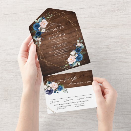 Invitation Tout En Un Mariage géométrique en bois rustique bleu marine (Déchirure)