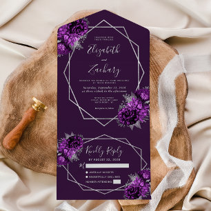 Invitation Tout En Un Mariage Géométrique Floral Argent Prune