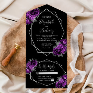 Invitation Tout En Un Mariage Géométrique Floral Argent Prune Noir