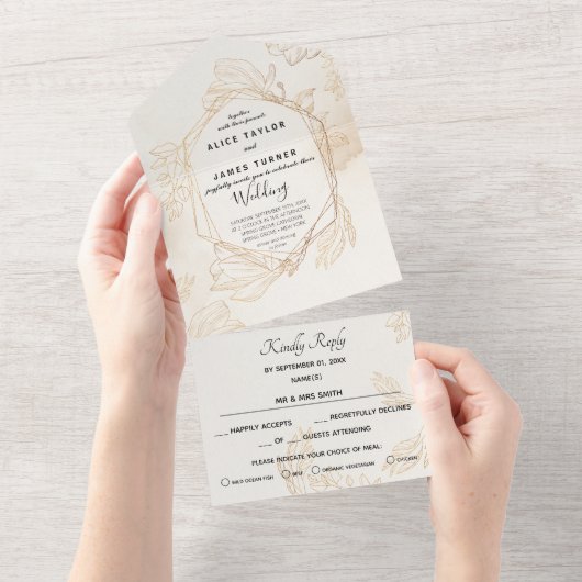 Invitation Tout En Un Mariage Géométrique Floral Doré (Déchirure)
