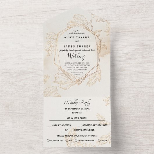 Invitation Tout En Un Mariage Géométrique Floral Doré (À l'intérieur)