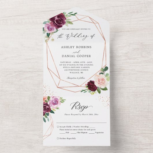 Invitation Tout En Un Mariage géométrique Floral mauve mauve Mulberry (À l'intérieur)