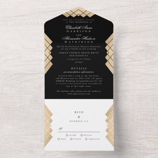 Invitation Tout En Un Mariage géométrique Premium Onyx Golden Hills (À l'intérieur)
