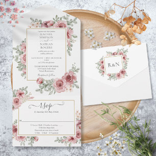 Invitation Tout En Un Mariage Géométrique Roses Florales Or