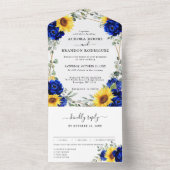 Invitation Tout En Un Mariage géométrique Royal Blue Rustic Sunflower (À l'intérieur)