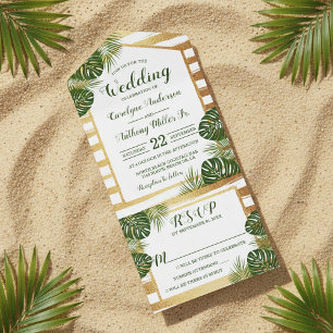 Invitation Tout En Un Mariage Gold Foil & Green Palm Leaf Beach