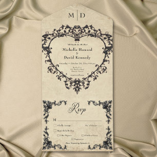 Invitation Tout En Un Mariage Gothique à Cœur en Filigrane sur Parchemin