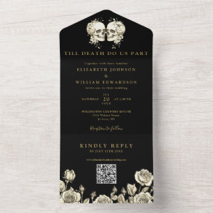 Invitation Tout En Un Mariage gothique Code QR Crânes Floraux Noir et Or