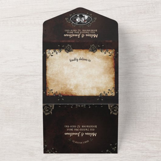 Invitation Tout En Un Mariage gothique élégant marron de squelettes (Dehors)