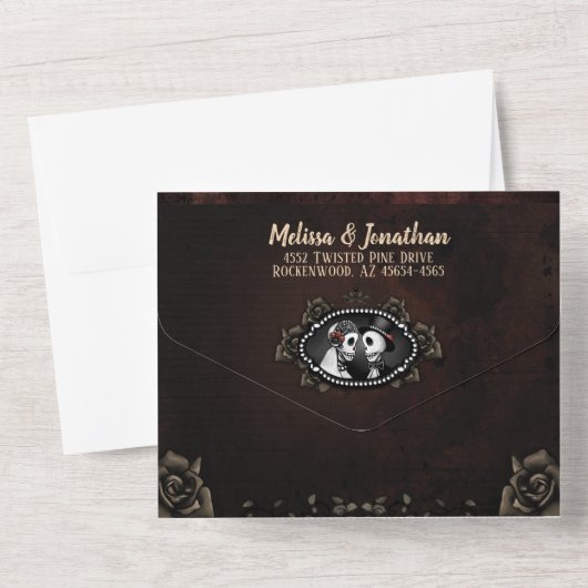 Invitation Tout En Un Mariage gothique élégant marron de squelettes (Verso)