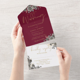 Invitation Tout En Un Mariage gothique floral bordeaux et or