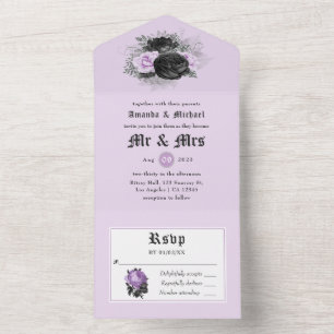 Invitation Tout En Un Mariage gothique floral noir, violet et argent