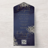Invitation Tout En Un Mariage gothique noir et or Floral QR Code (À l'intérieur)