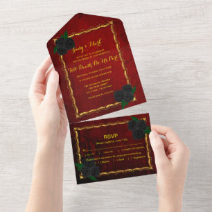 Invitation Tout En Un Mariage gothique noir Rose sang rouge 
