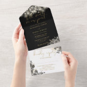 Invitation Tout En Un Mariage Gothique Or Et Noir Floral (Déchirure)