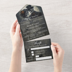 Invitation Tout En Un Mariage gothique squelette