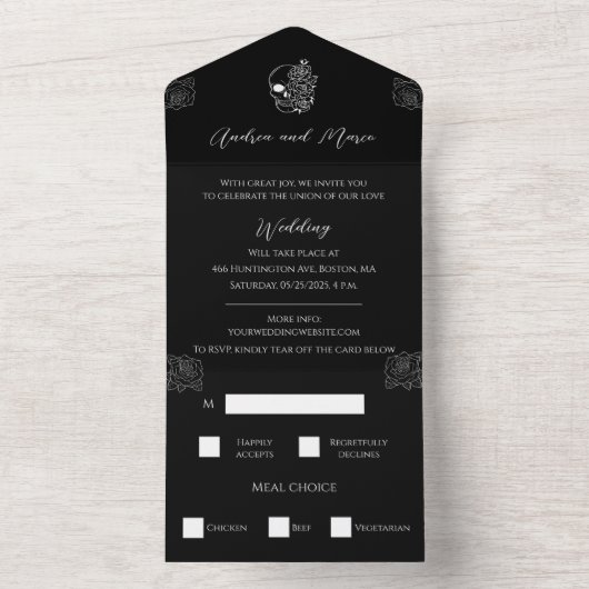 Invitation Tout En Un Mariage gothique triplé noir et blanc (À l'intérieur)