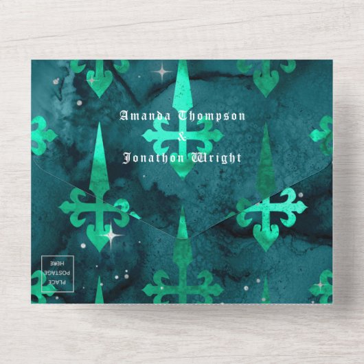 Invitation Tout En Un Mariage gothique turquoise et or Floral (Verso)