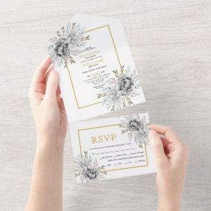 Invitation Tout En Un Mariage gris aquarelle fleurs or cadre