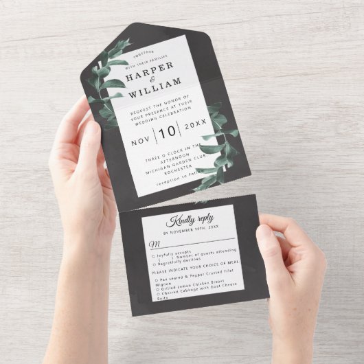 Invitation Tout En Un Mariage gris de fusain Eucalyptus (Déchirure)