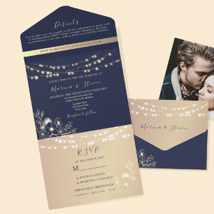 Invitation Tout En Un Mariage Guirlande Lumineuse Bleu Marine et Rose