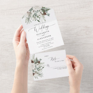 Invitation Tout En Un Mariage hivernal élégant et festif à feuilles pers