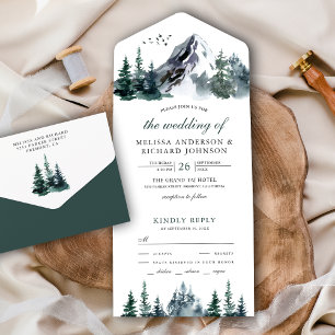Invitation Tout En Un Mariage hivernal en aquarelle rustique en forêt de