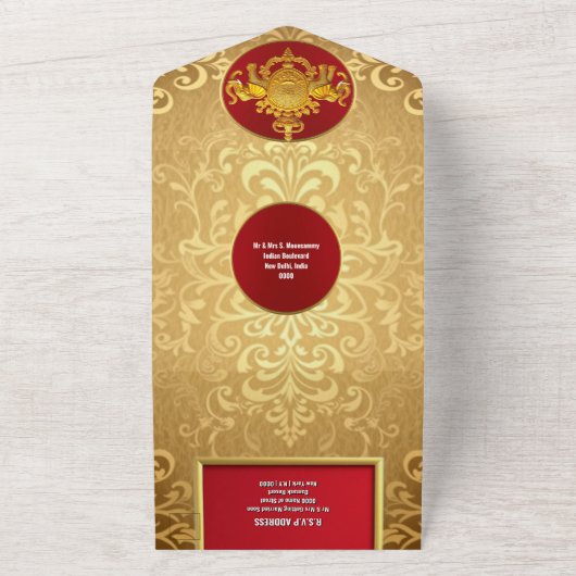 Invitation Tout En Un Mariage indien marron or damassé éléphants luxe (Dehors)