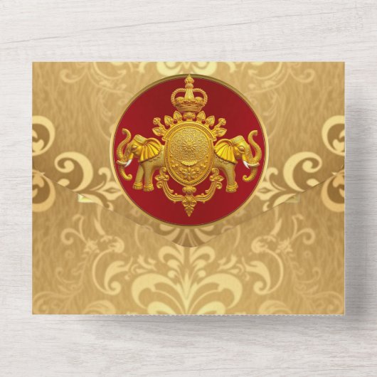 Invitation Tout En Un Mariage indien marron or damassé éléphants luxe (Verso)