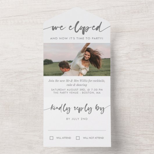 Invitation Tout En Un Mariage intime photo calligraphie grise (À l'intérieur)