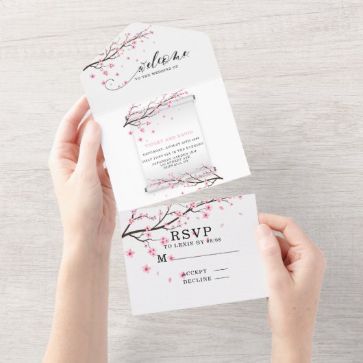 Invitation Tout En Un Mariage japonais Soll Cherry Blossom (Déchirure)