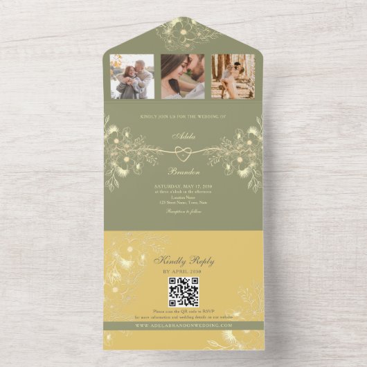 Invitation Tout En Un Mariage jaune et vert sage (À l'intérieur)