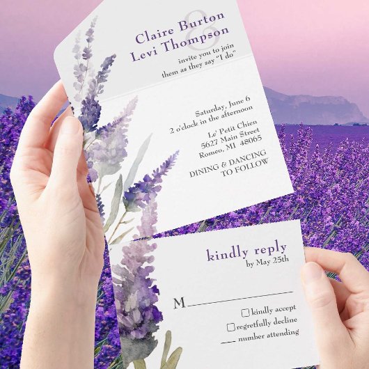 Invitation Tout En Un Mariage Lavender Botanical Purple Flowers