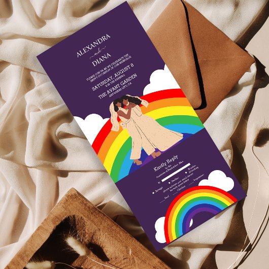 Invitation Tout En Un Mariage lesbien Rainbow moderne à deux mariées LGB