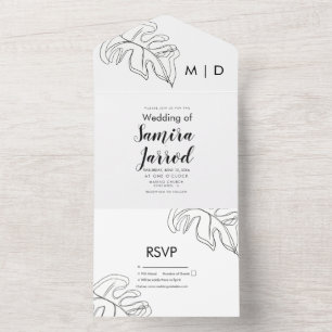 Invitation Tout En Un Mariage Ligne Double Feuille Monstera Noir Blanc